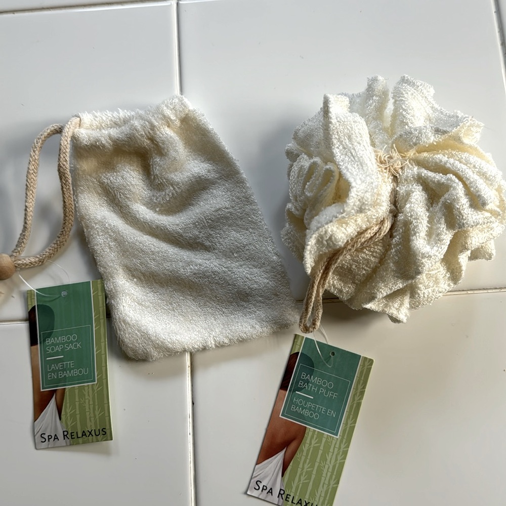 NWT Relaxus Bamboo Bath Puff and Bamboo Soap Sack